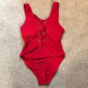 Red lace up swim suit